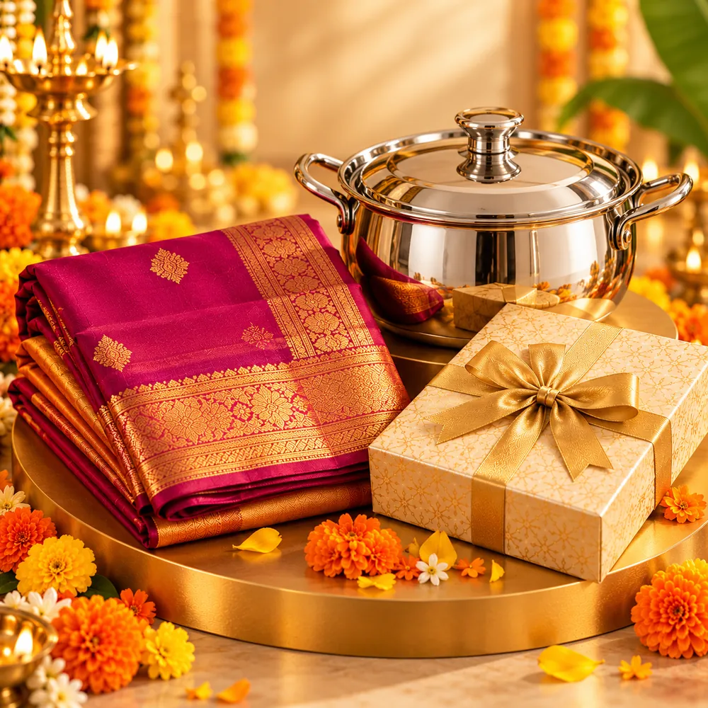 Family Gift Combo - Saree, Stainless Steel Vessel and Sweet Box