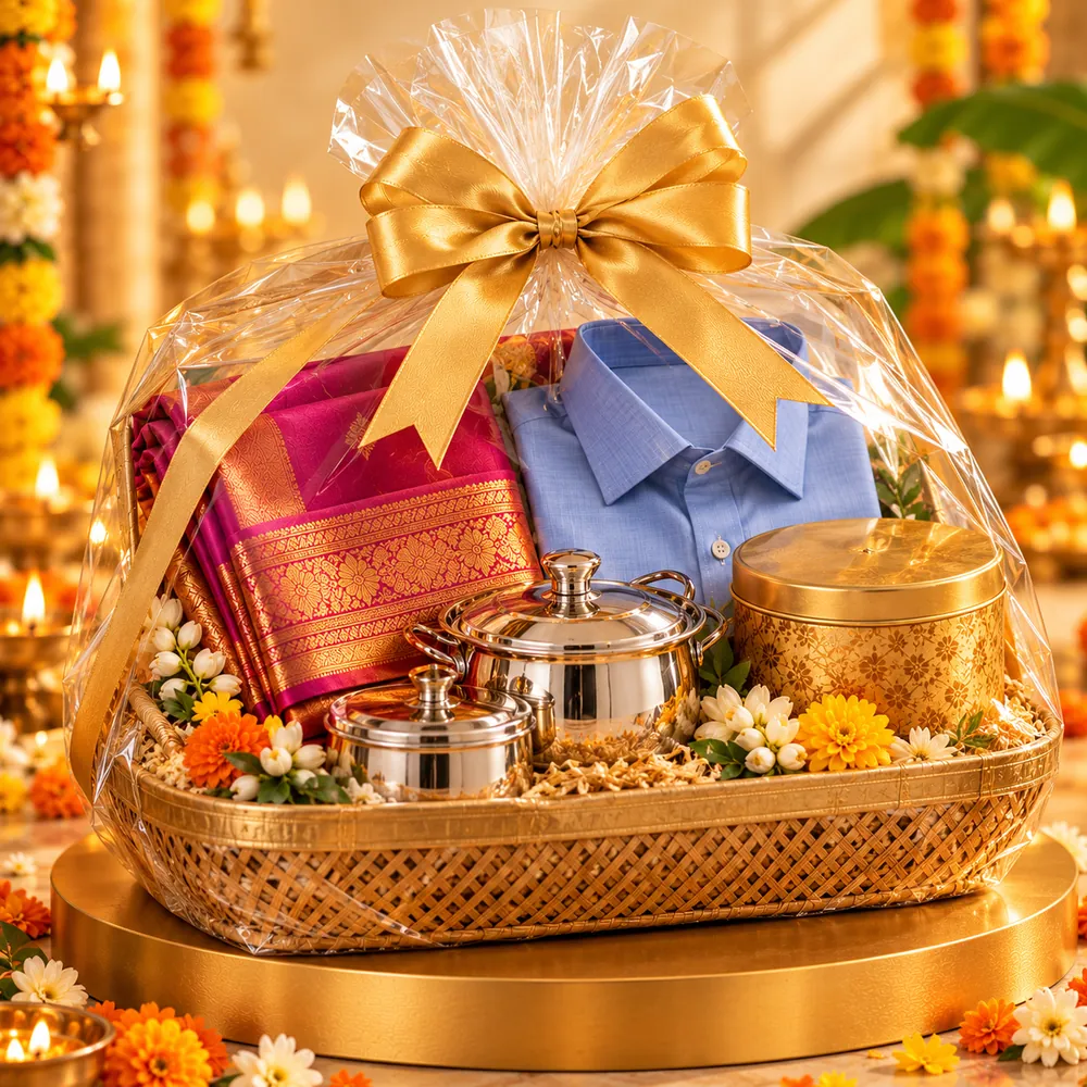 Premium Gift Hamper - Saree, Shirt, Cookware and Sweet Tin