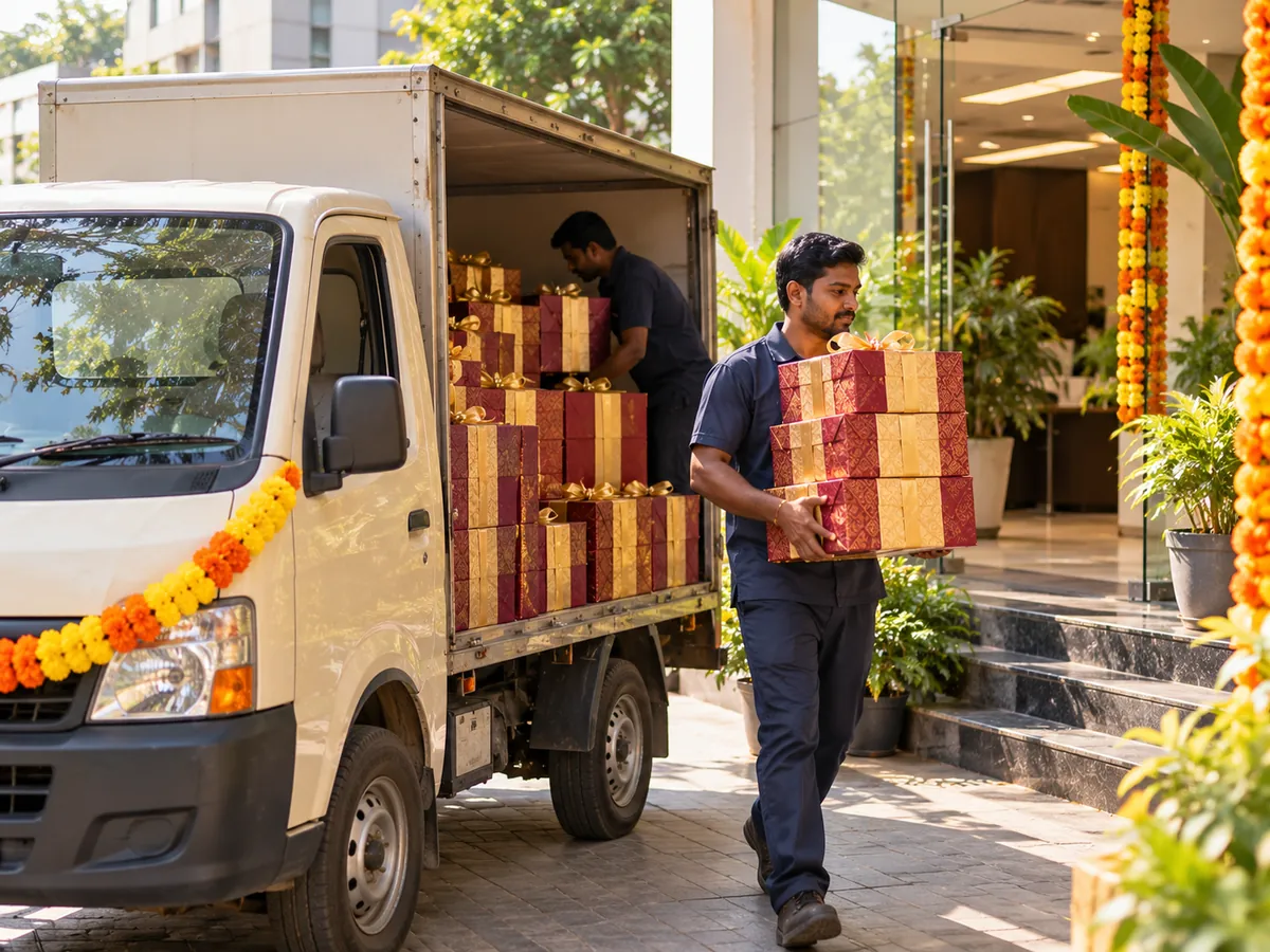 Deepa Silks Bulk Festive Gift Delivery at Office Entrance